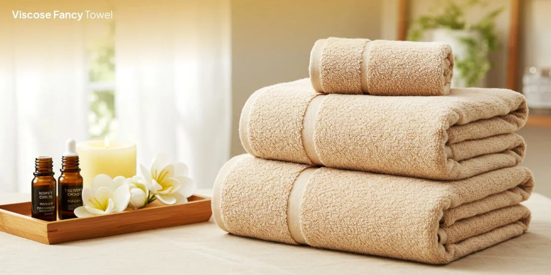 Stack of beige towels with spa accessories.